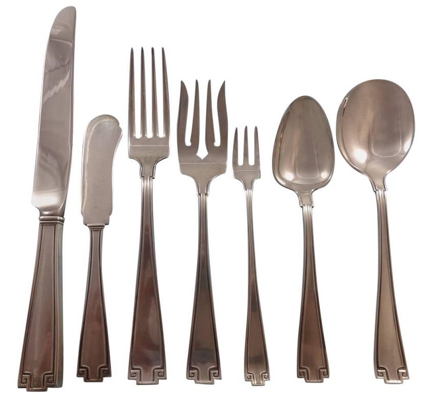Gorham Etruscan Sterling Silver Flatware Set for 8 - 61 Pieces: Gorham Etruscan Sterling Silver Flatware Set for 8 - 61 Pieces Enhance your dining experience with this exquisite Etruscan flatware set by Gorham, crafted from high-quality sterling silver. Featuring