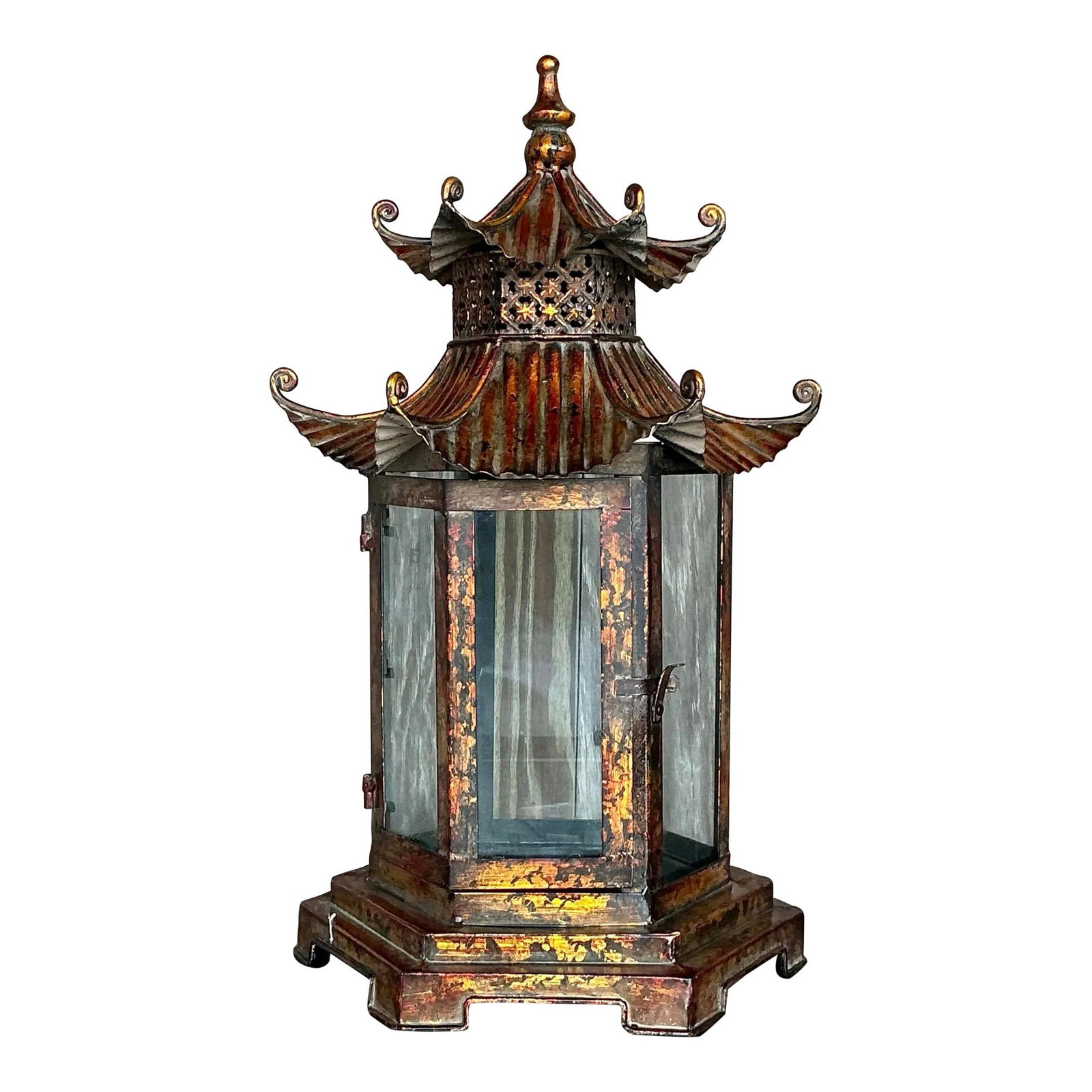 Vintage Asian Patinated Metal Glass Pagoda Lantern 21" Tall: Vintage Asian Patinated Metal Glass Pagoda Lantern 21" Tall Enhance your living space with this vintage Asian patinated pagoda lantern, a stunning embodiment of Eastern elegance. Featuring an intricat