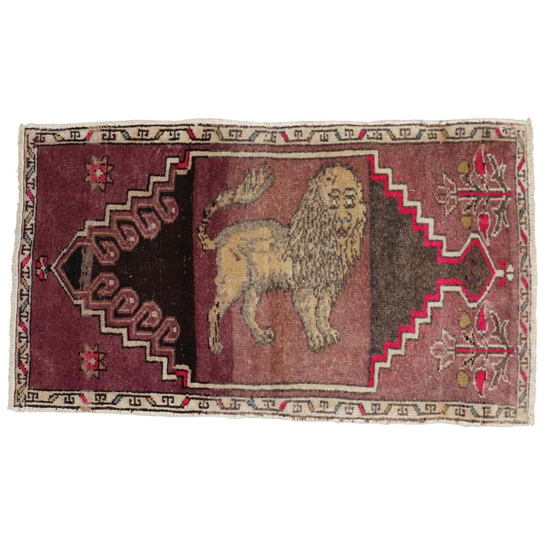 Authentic Mid-20th Century Lion Wool Rug from Turkey: Authentic Mid-20th Century Lion Wool Rug from Turkey This mid-20th century authentic Turkish rug features a striking depiction of a lion set against a unique striated purple background. Hand-woven fro