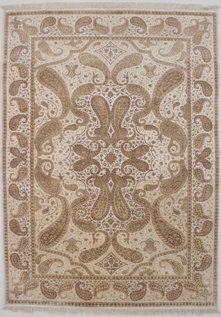 Hand-Knotted Silk Area Rug with Floral Paisley Motif 5'10 x 8'1: Hand-Knotted Silk Area Rug with Floral Paisley Motif 5'10 x 8'1 This is a handmade, hand-knotted silk area rug featuring a floral paisley design in cream, tan, khaki, brown, and beige tones. The rug m