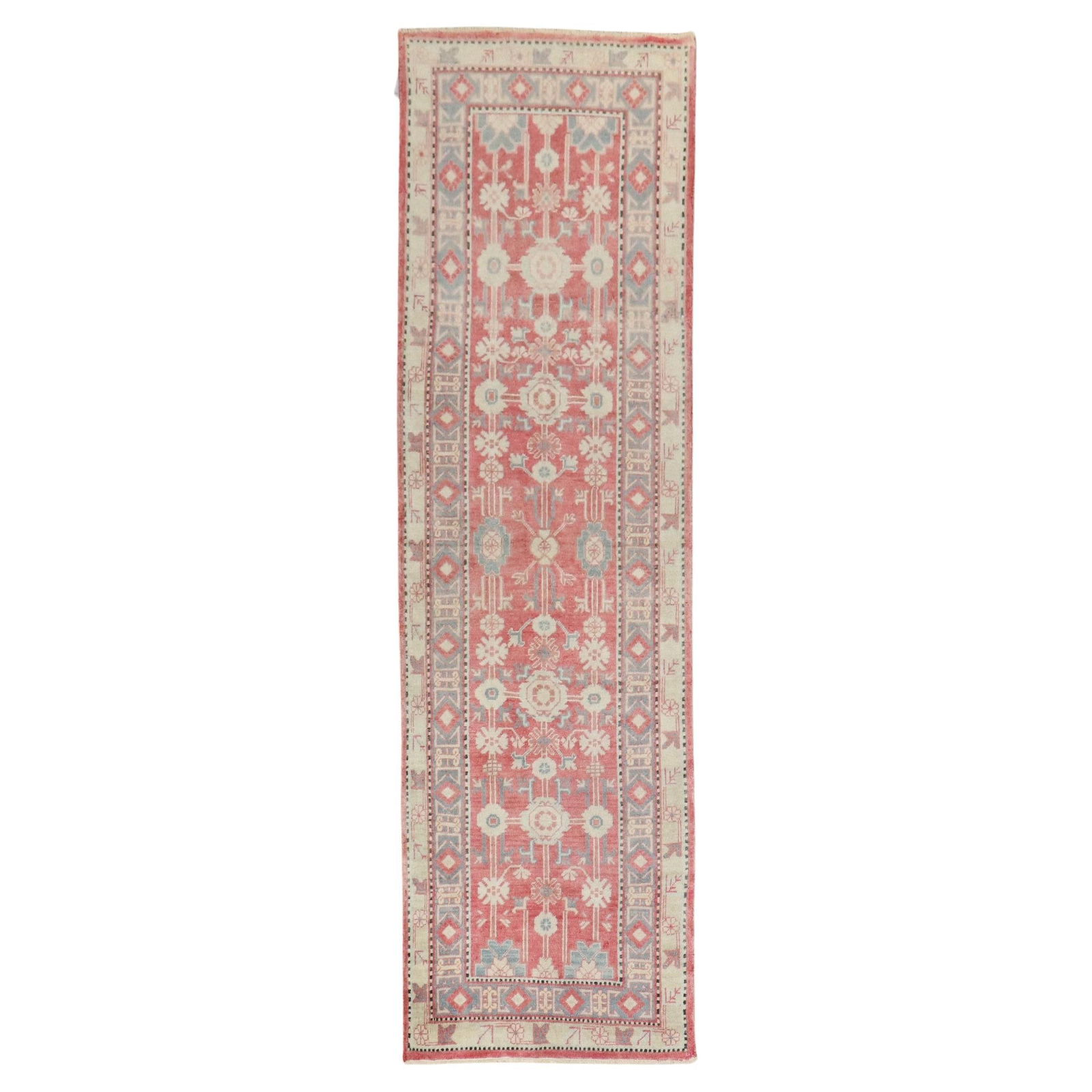 Vintage Red Khotan Runner Oushak Style Hand-Knotted Wool 29x95 in: Vintage Red Khotan Runner Oushak Style Hand-Knotted Wool 29x95 in This unique vintage Khotan runner showcases a traditional Oushak style, meticulously hand-knotted from high-quality wool. With dimensi