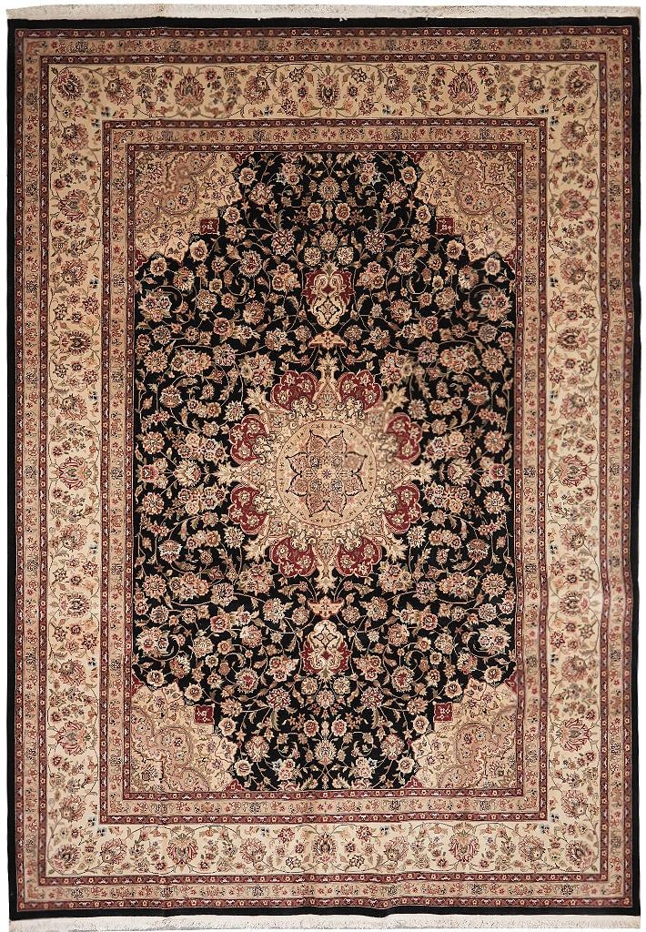 8.6 x 11.6 Hand-Knotted Wool Silk Tabriz Area Rug Black Ivory China: 8.6 x 11.6 Hand-Knotted Wool Silk Tabriz Area Rug Black Ivory China Free continental US Shipping This finely hand-knotted area rug features a blend of high-quality wool and silk, creating a soft and d
