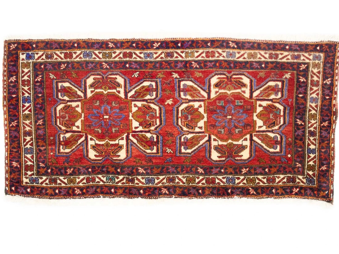 2'1 x 4'4 Wool Vintage Tribal Geometric Area Rug Hand-Knotted Carpet: 2'1 x 4'4 Wool Vintage Tribal Geometric Area Rug Hand-Knotted Carpet This hand-knotted oriental rug features a striking tribal geometric design in a range of colors, including red, cream, dark purple-