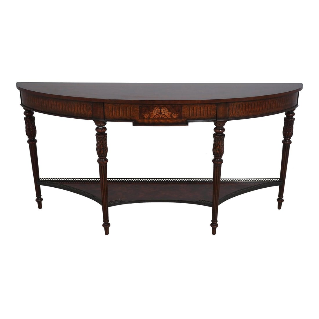Theodore Alexander Regency Inlaid Mahogany 2 Tier Demi Lune Console Table: Theodore Alexander Regency Inlaid Mahogany 2 Tier Demi Lune Console Table This elegant Regency style inlaid demi lune console table by Theodore Alexander showcases exquisite craftsmanship and timeless