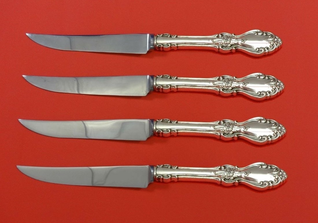 Reed & Barton Old Virginia Sterling Silver Steak Knife Set 4pc Custom: Reed & Barton Old Virginia Sterling Silver Steak Knife Set 4pc Custom Enhance your dining experience with this exquisite 4-piece steak knife set from Reed & Barton, featuring the elegant Old Virginia