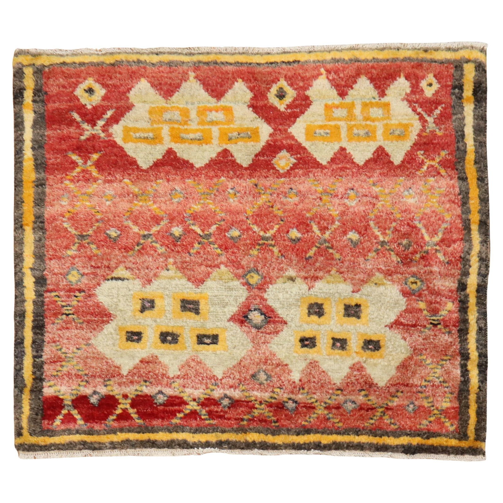 Vintage Turkish Hand-Knotted Wool Mini Square Rug 30 x 36 Red Adirondack Style: Vintage Turkish Hand-Knotted Wool Mini Square Rug 30 x 36 Red Adirondack Style Discover the beauty of this vintage Turkish mini square rug, elegantly designed in the Adirondack style. This hand-knotte
