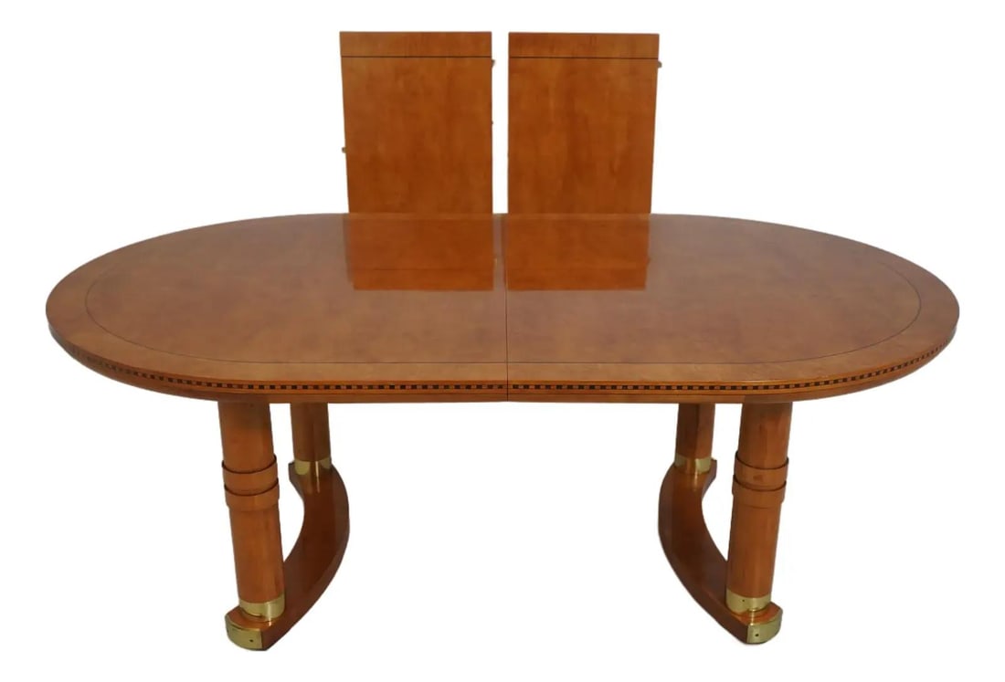 Genesis Collection Satinwood Dining Table Bierdermier Style with Inlay and Brass Accents: Genesis Collection Satinwood Dining Table Bierdermier Style with Inlay and Brass Accents This Genesis Collection dining room table features a classic Biedermeier style with high-quality construction a