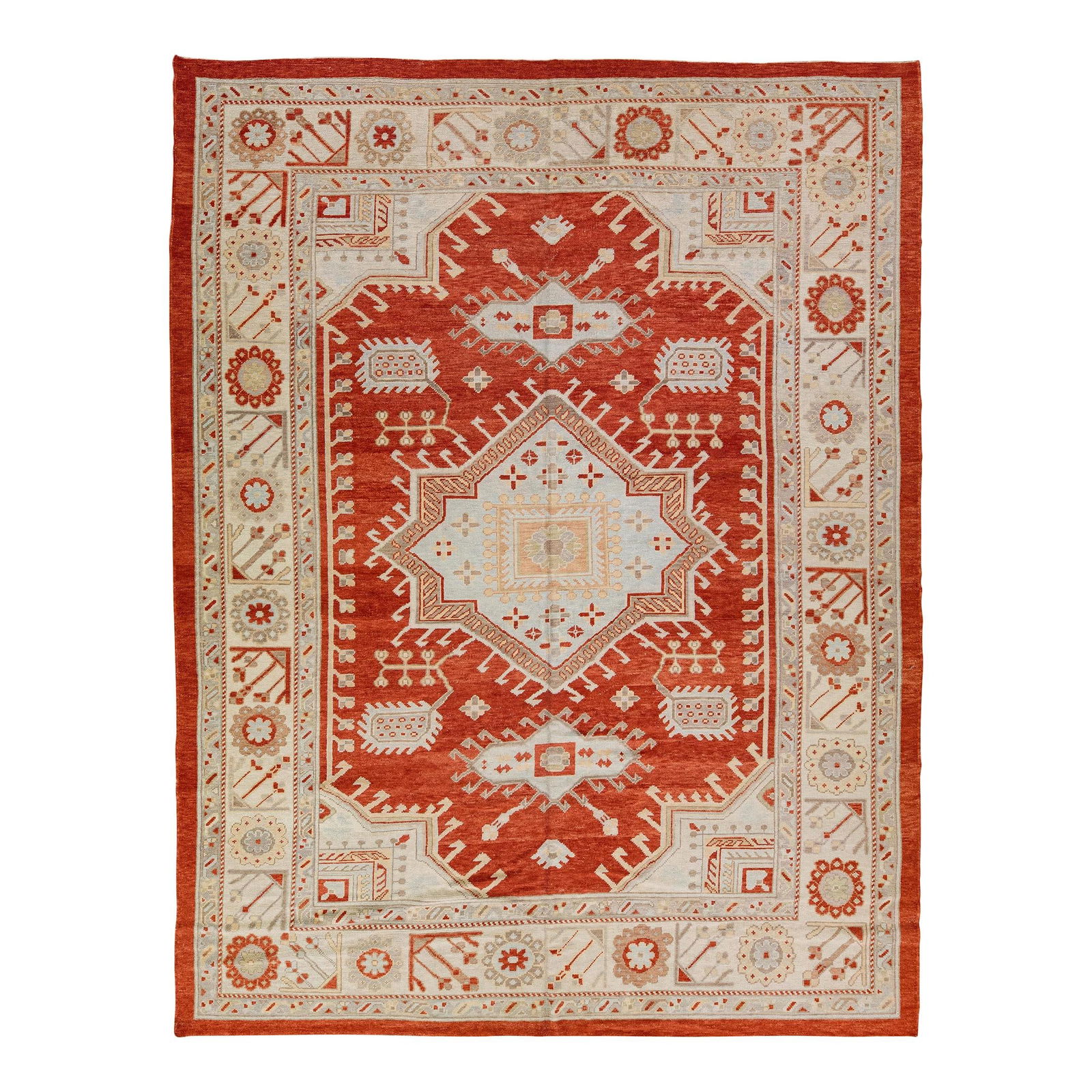 Handmade Modern Oushak Wool Rug Terracotta Orange 10'7 x 13'10: Handmade Modern Oushak Wool Rug Terracotta Orange 10'7 x 13'10 Enhance your space with this exquisite modern Oushak hand-knotted wool rug, showcasing a vibrant terracotta orange field. The rug is eleg
