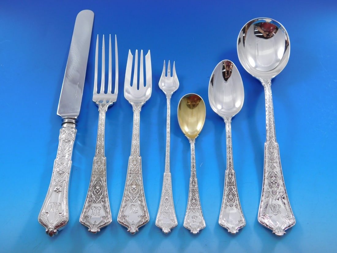 Tiffany & Co Persian Sterling Silver Flatware Set 52 Pieces with Storage Chest: Tiffany & Co Persian Sterling Silver Flatware Set 52 Pieces with Storage Chest Experience the elegance of the Persian pattern by Tiffany & Co. with this exquisite 52-piece sterling silver flatware set
