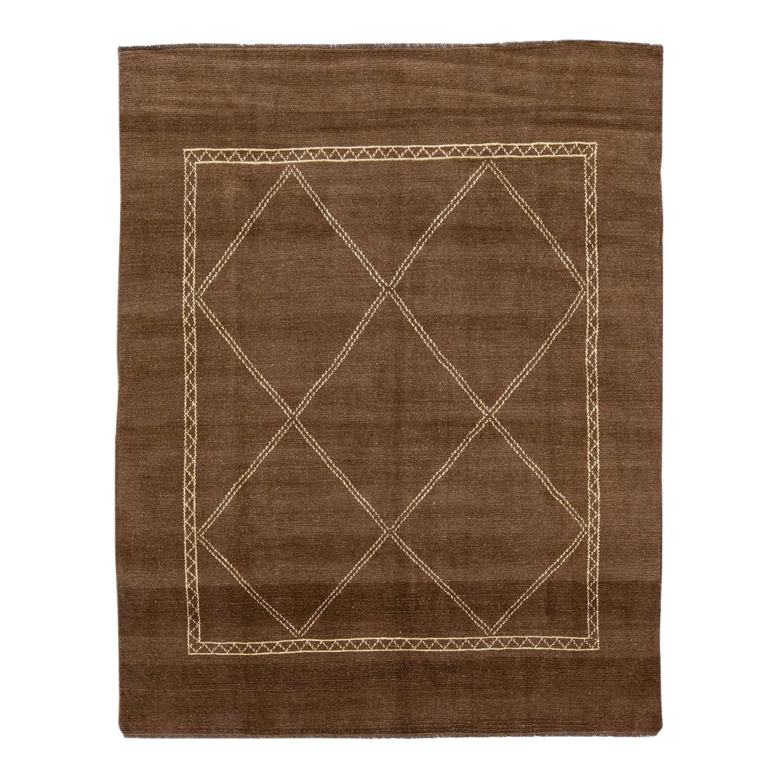 Handmade Brown Wool Moroccan Tribal Geometric Rug 6'6 x 8'3: Handmade Brown Wool Moroccan Tribal Geometric Rug 6'6 x 8'3 Enhance your space with this stunning Tribal Modern Moroccan Style Handmade Brown Wool Rug from our Northwest collection. Featuring a rich b