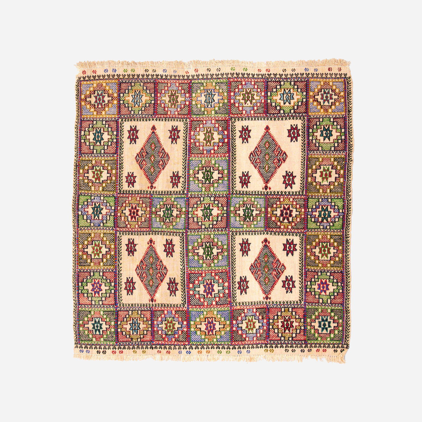 Authentic Handmade Cicim Kilim Wool on Wool 51.2 x 55.1 Inch: Authentic Handmade Cicim Kilim Wool on Wool 51.2 x 55.1 Inch This authentic handmade Cicim wool on wool kilim features intricate designs and vibrant colors, showcasing traditional craftsmanship. Ideal