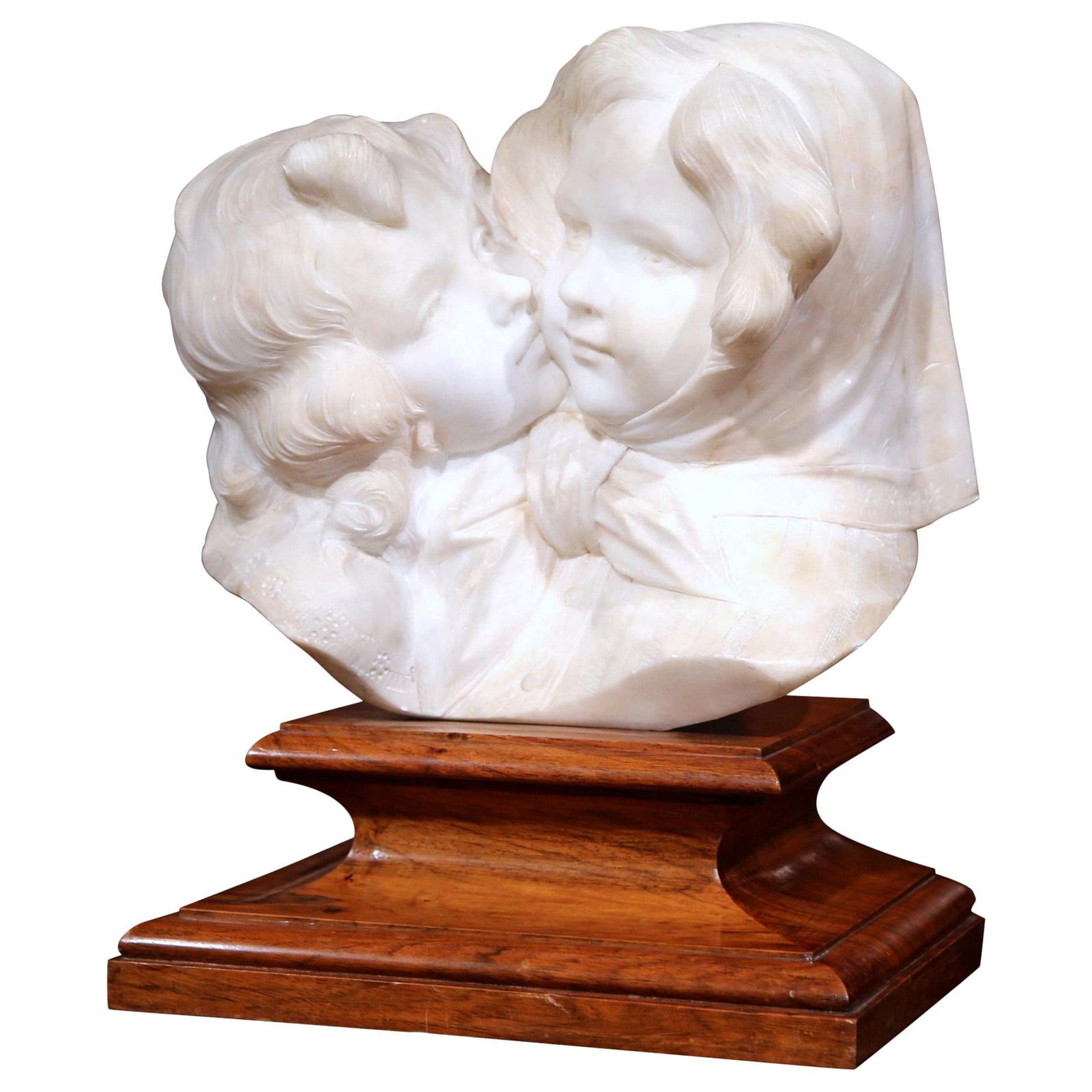 Antique 1920 Italian Marble Sculpture by A. Gory with Walnut Stand: Antique 1920 Italian Marble Sculpture by A. Gory with Walnut Stand This exquisite early 20th century Italian carved marble sculpture, crafted circa 1920, captures the tender embrace of two young siste