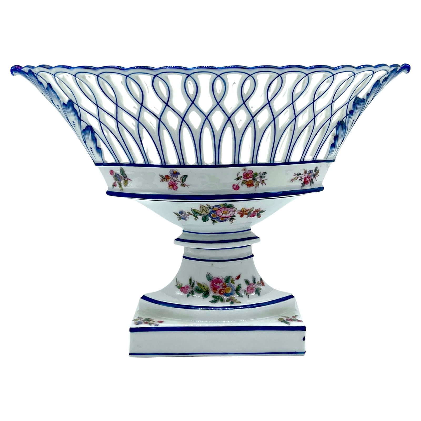 19th Century Old Paris Neoclassic Blue White Floral Centerpiece: 19th Century Old Paris Neoclassic Blue White Floral Centerpiece This exquisite 19th-century Old Paris Neoclassic Oval Blue and White Floral Pedestal Centerpiece, originating from France circa 1875, sh