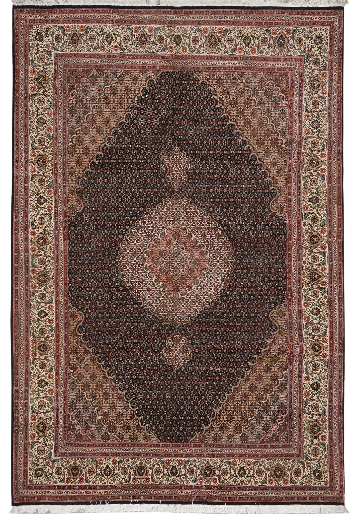 Persian Tabriz Mahi Rug 6.9 x 9.10 Handmade Wool Silk 400 Kpsi Iran Black: Persian Tabriz Mahi Rug 6.9 x 9.10 Handmade Wool Silk 400 Kpsi Iran Black Free continental US Shipping This genuine Persian Tabriz Mahi rug is finely handmade in Iran, featuring a blend of high-qualit