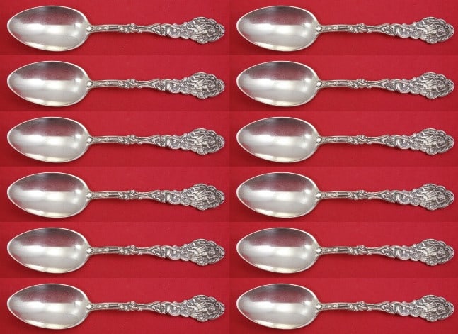 Gorham Versailles Sterling Silver Teaspoon Set 12 Pieces 5 7/8": Gorham Versailles Sterling Silver Teaspoon Set 12 Pieces 5 7/8" This exquisite set of 12 teaspoons, crafted in the renowned Versailles pattern by Gorham, showcases the elegance of sterling silver craf