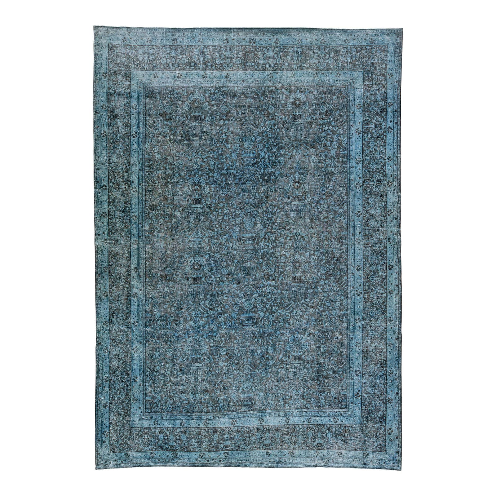 Vintage Persian Overdyed Floral Blue Wool Rug 8'9" x 12'5": Vintage Persian Overdyed Floral Blue Wool Rug 8'9" x 12'5" This exquisite Vintage Persian Overdyed Handmade Floral Blue Wool Rug features a striking blue field complemented by a gray frame that showca