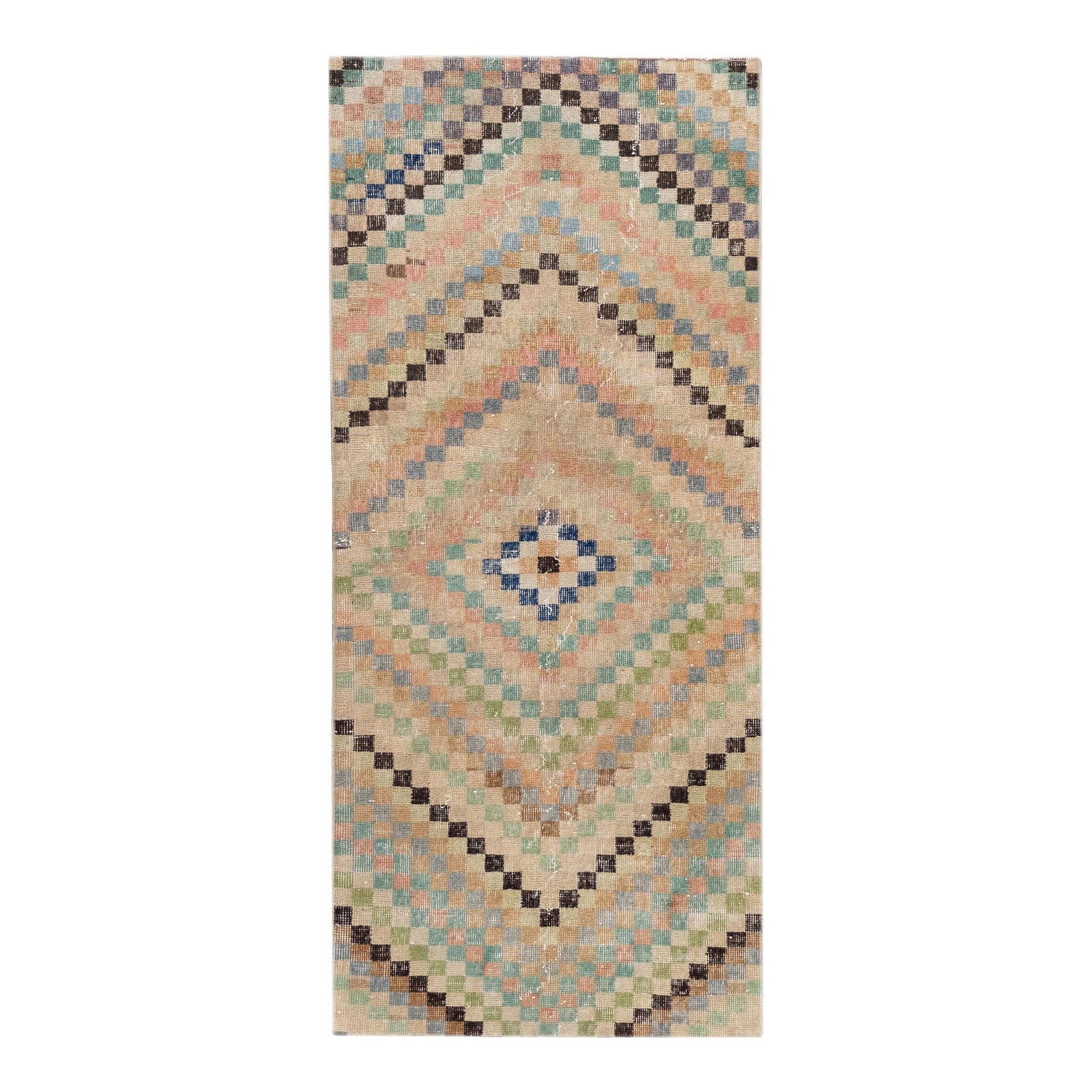 1960s Vintage Turkish Wool Runner Beige Handmade Multicolor Design: 1960s Vintage Turkish Wool Runner Beige Handmade Multicolor Design Enhance your living space with this stunning vintage Turkish hand-knotted wool runner. Featuring a beautiful beige field adorned with