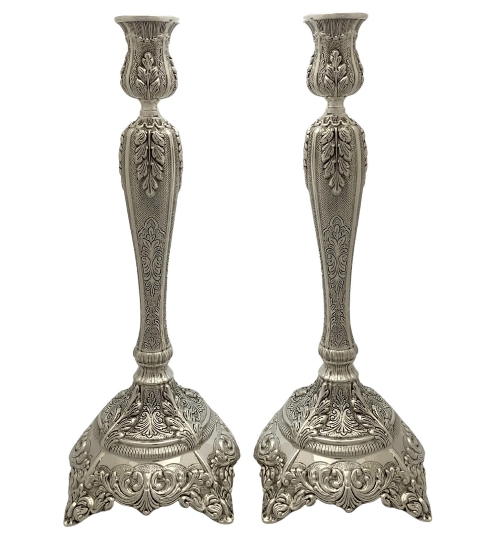Handmade 925 Sterling Silver Leaf Applique Candlesticks 14.5": Handmade 925 Sterling Silver Leaf Applique Candlesticks 14.5" Illuminate your space with these exquisite handmade 925 Sterling Silver candlesticks featuring elegant leaf applique chased designs. Craft
