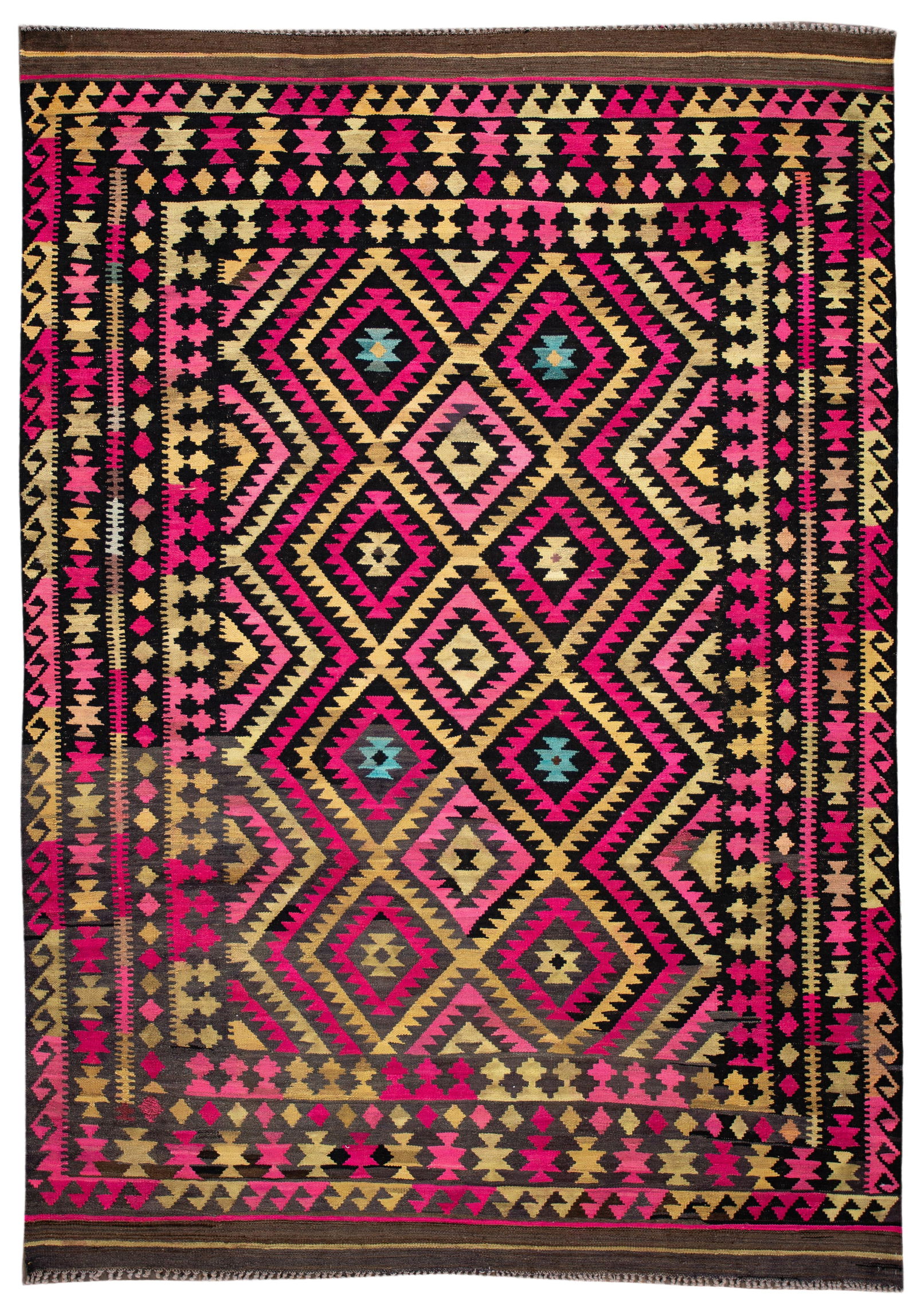Contemporary 21st Century Hand-Woven Kilim Rug 7'1" x 10'1" Pink Wool: Contemporary 21st Century Hand-Woven Kilim Rug 7'1" x 10'1" Pink Wool Enhance your living space with this stunning hand-woven contemporary Kilim rug. Featuring a vibrant allover geometric design, this