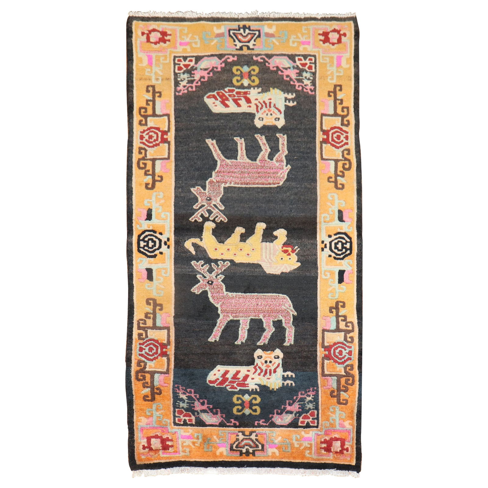 Vintage Tibetan Animal Motif Hand-Woven Wool Carpet 37 x 69 in Art Deco (1 of 7)