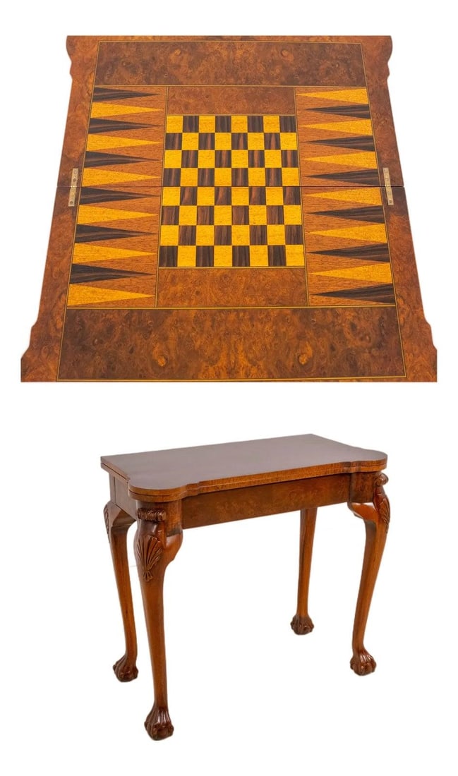 Inlaid Walnut Game Table With Flip Top Chippendale Inspired Design: Inlaid Walnut Game Table With Flip Top Chippendale Inspired Design This Chippendale style game table features a flip top design crafted from burl walnut, showcasing fine inlay work and a rich high she