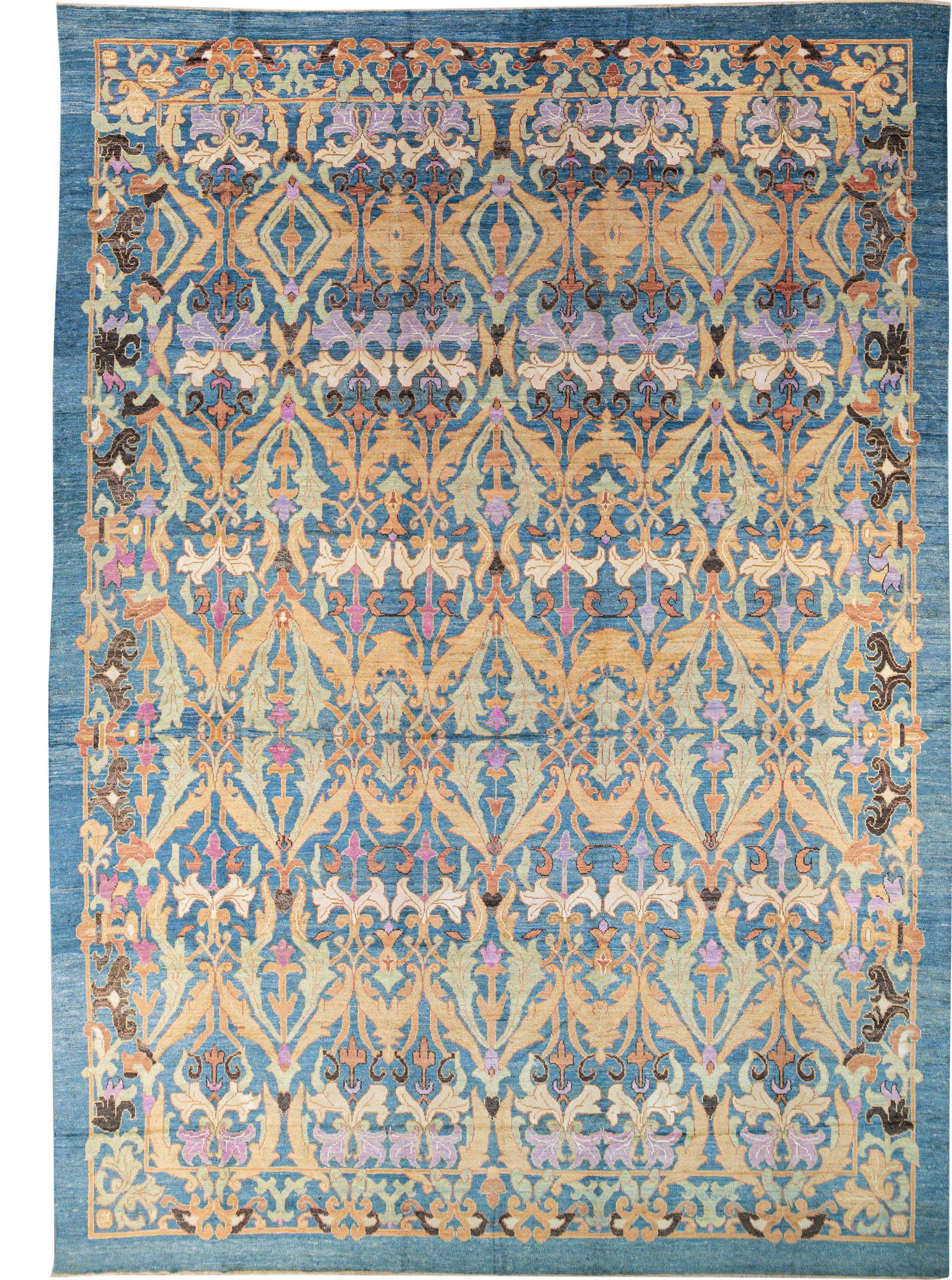 Oversized Modern Oushak Hand-Knotted Wool Rug 13'9 x 19'5 Floral Blue: Oversized Modern Oushak Hand-Knotted Wool Rug 13'9 x 19'5 Floral Blue This stunning oversized modern Oushak rug features a hand-knotted wool construction with a vibrant blue field, complemented by a b