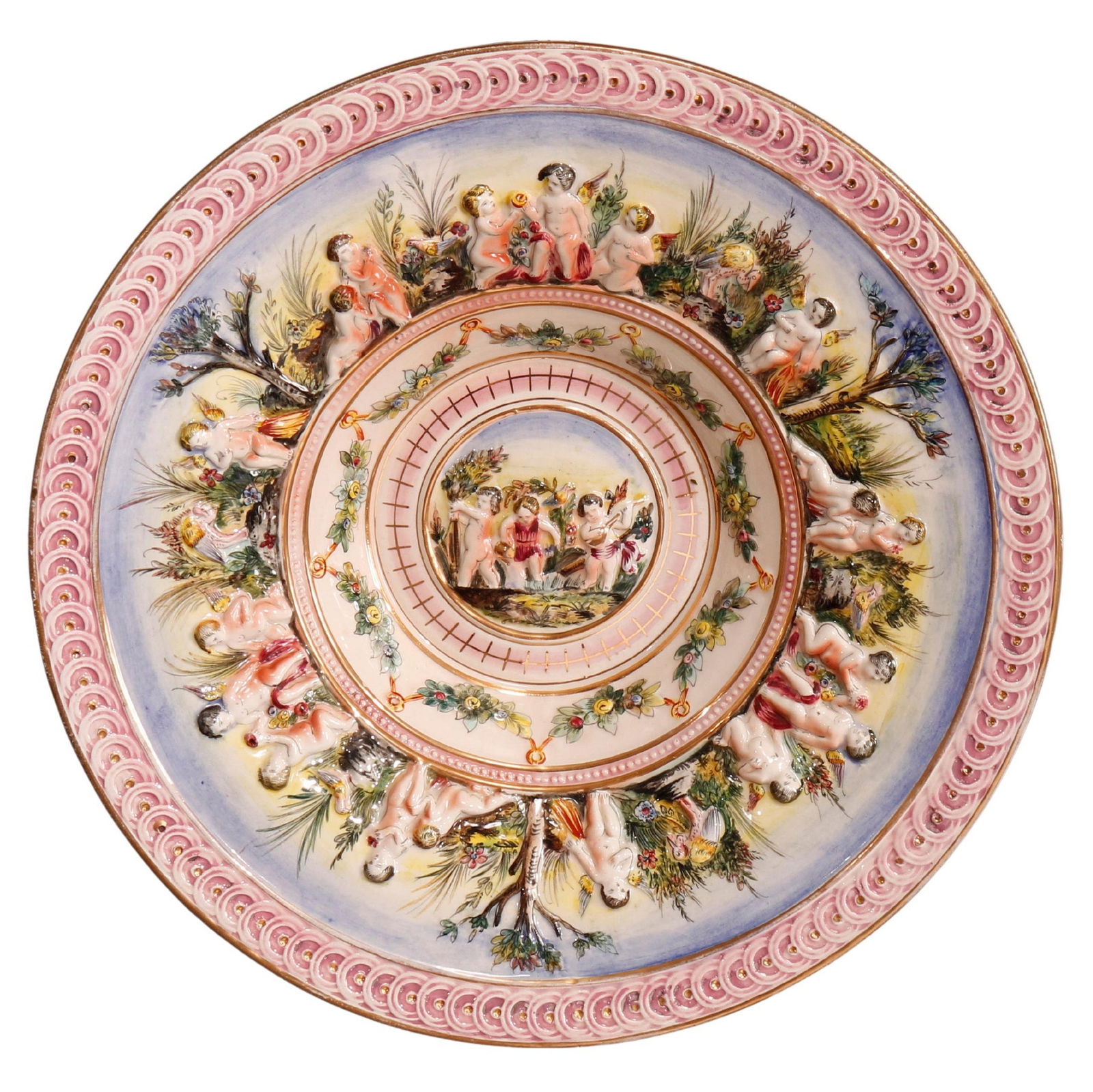 20th Century Large Capodimonte Porcelain Center Bowl with Cherubs Relief (1 of 8)