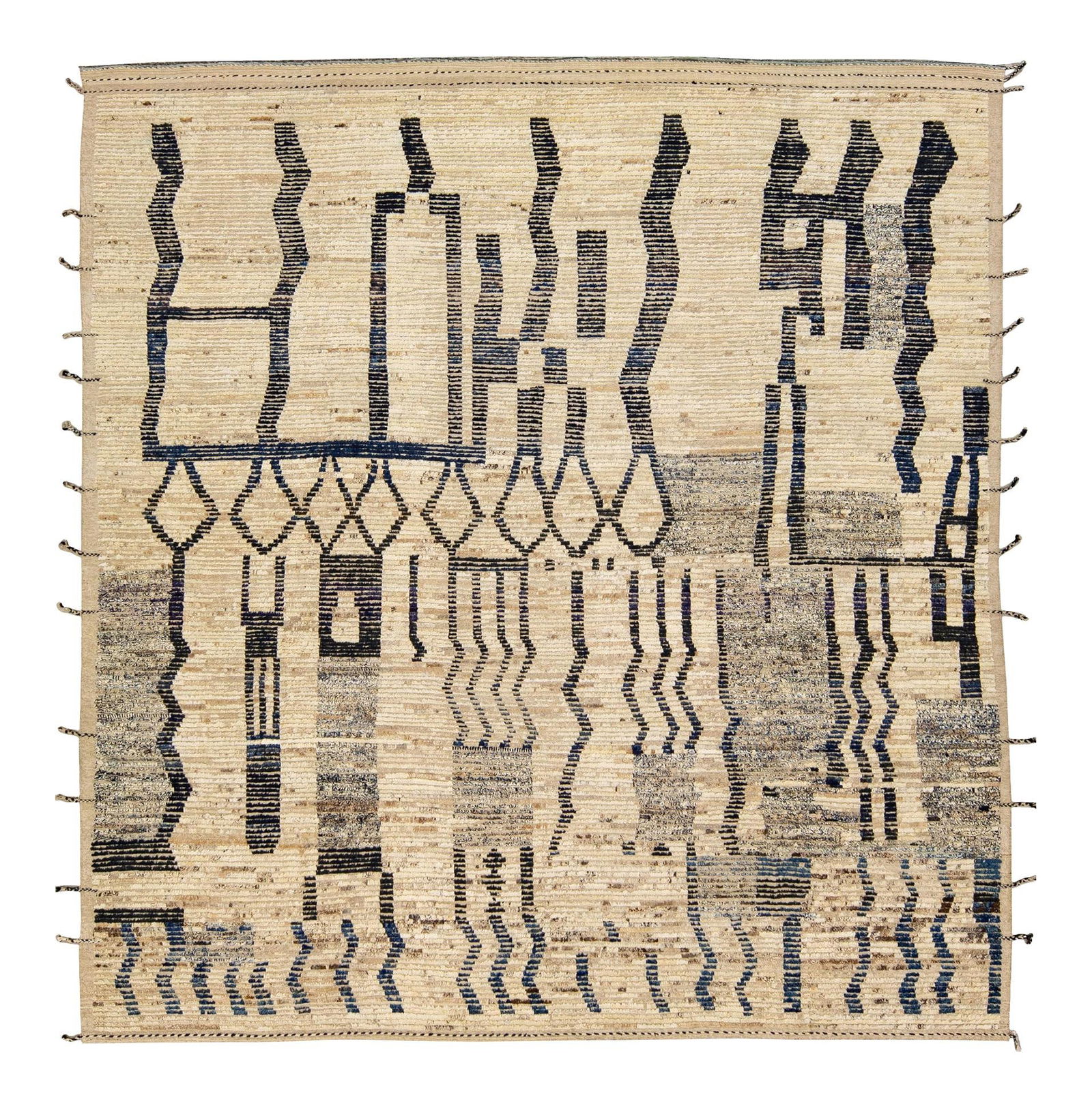 Handmade Moroccan Style Beige Tribal Pattern Wool Rug 12'4 x 13: Handmade Moroccan Style Beige Tribal Pattern Wool Rug 12'4 x 13 This stunning handmade wool rug showcases a modern boho Moroccan style, featuring a beautiful beige and brown field. With striking black