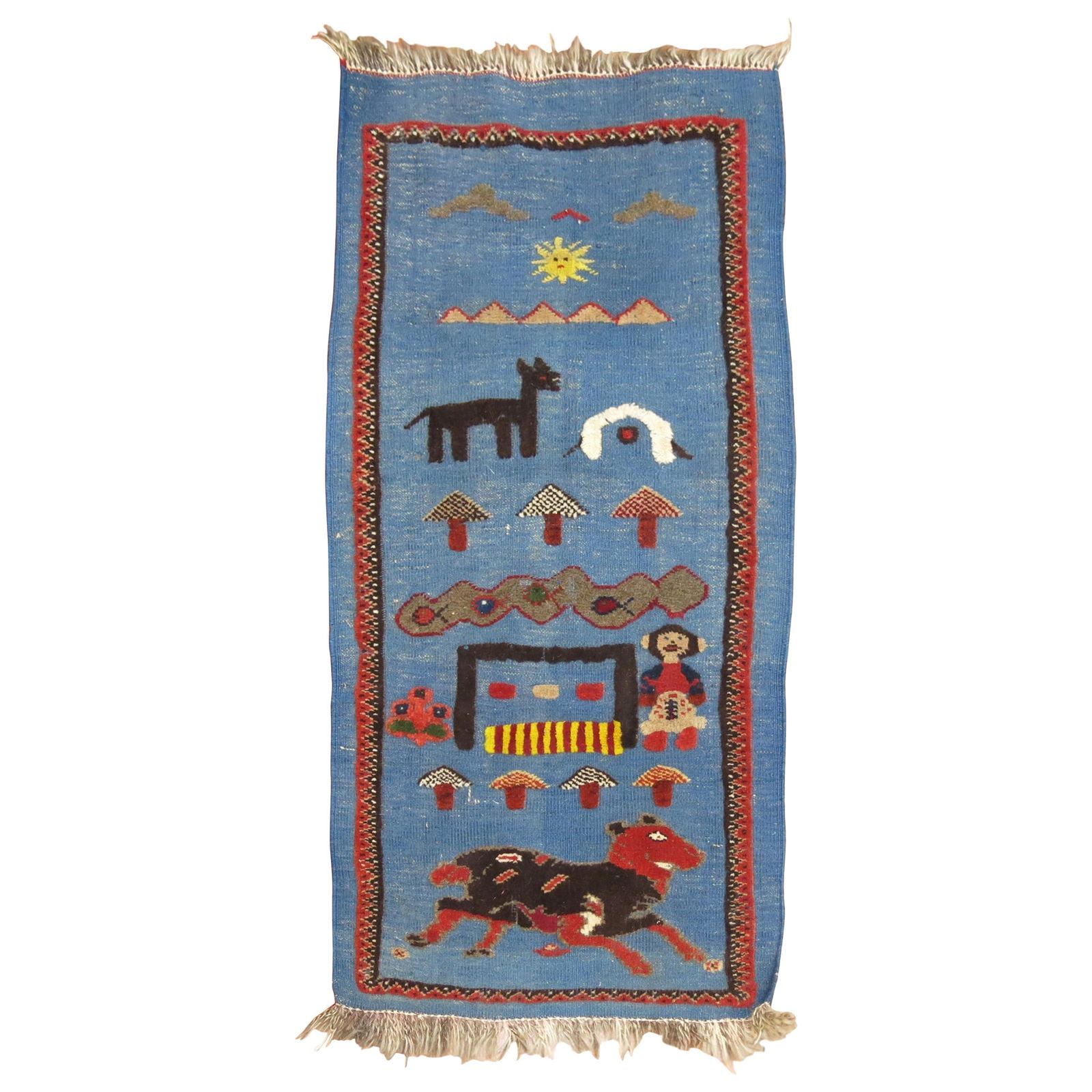 Mid-20th Century Blue Persian Souf Pictorial Kilim Wool Hand-Woven Art: Mid-20th Century Blue Persian Souf Pictorial Kilim Wool Hand-Woven Art Introducing the Zabihi Collection Blue Vintage Persian Souf Pictorial Kilim, a stunning example of mid-20th century craftsmanship