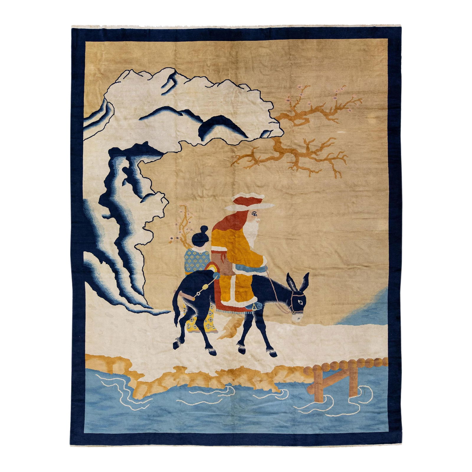 Antique Art Deco Hand-Knotted Tan Wool Rug 9'6 x 12'1 Pictorial Design: Antique Art Deco Hand-Knotted Tan Wool Rug 9'6 x 12'1 Pictorial Design This exquisite antique Art Deco hand-knotted rug showcases a stunning pictorial design against a warm tan background. The rug fea