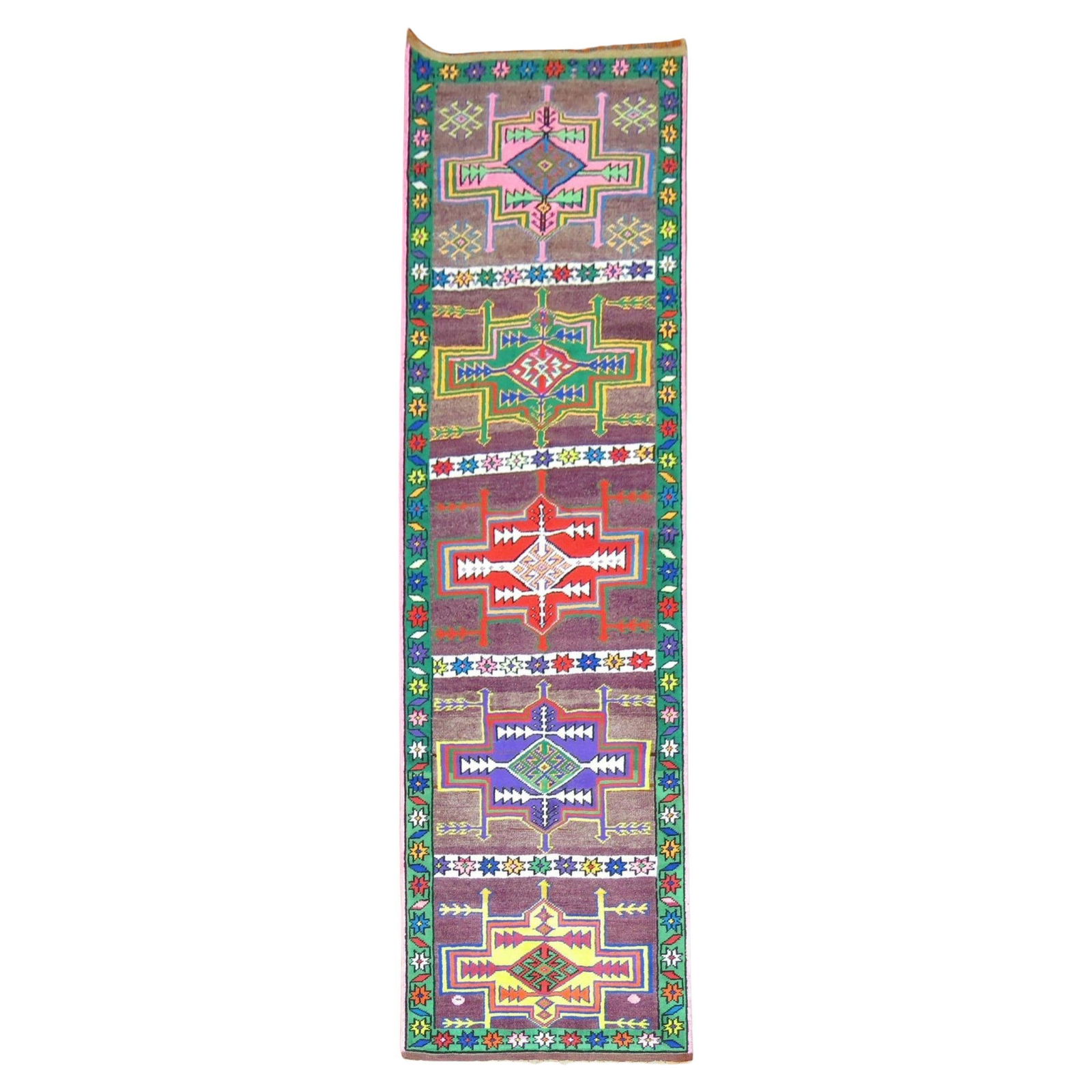 Funky Vintage Turkish Anatolian Hand-Woven Wool Runner 3' x 11'2'': Funky Vintage Turkish Anatolian Hand-Woven Wool Runner 3' x 11'2'' Elevate your space with this Funky Vintage Turkish Anatolian Long Runner, a striking piece from the mid-20th century. Hand-woven from