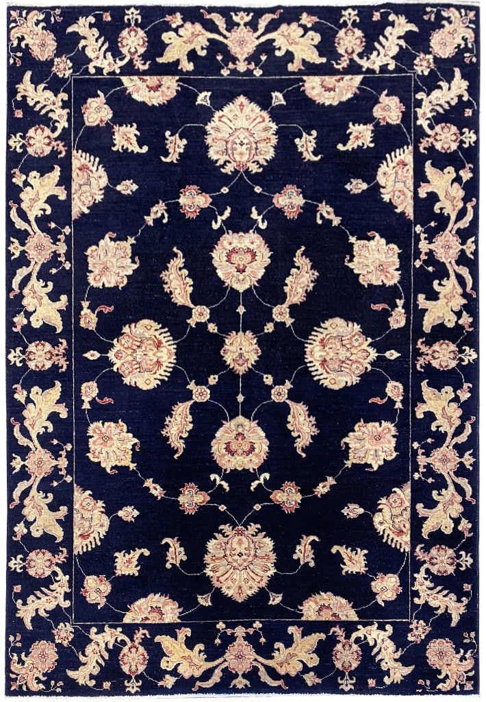 Elegant 5.6 x 7.9 Hand-Knotted Chobi Area Rug in Navy Blue Gold Rust: Elegant 5.6 x 7.9 Hand-Knotted Chobi Area Rug in Navy Blue Gold Rust Free continental US Shipping Enhance your space with this exquisite 5.6 x 7.9 Hand-Knotted Chobi Rug, a perfect blend of elegance a