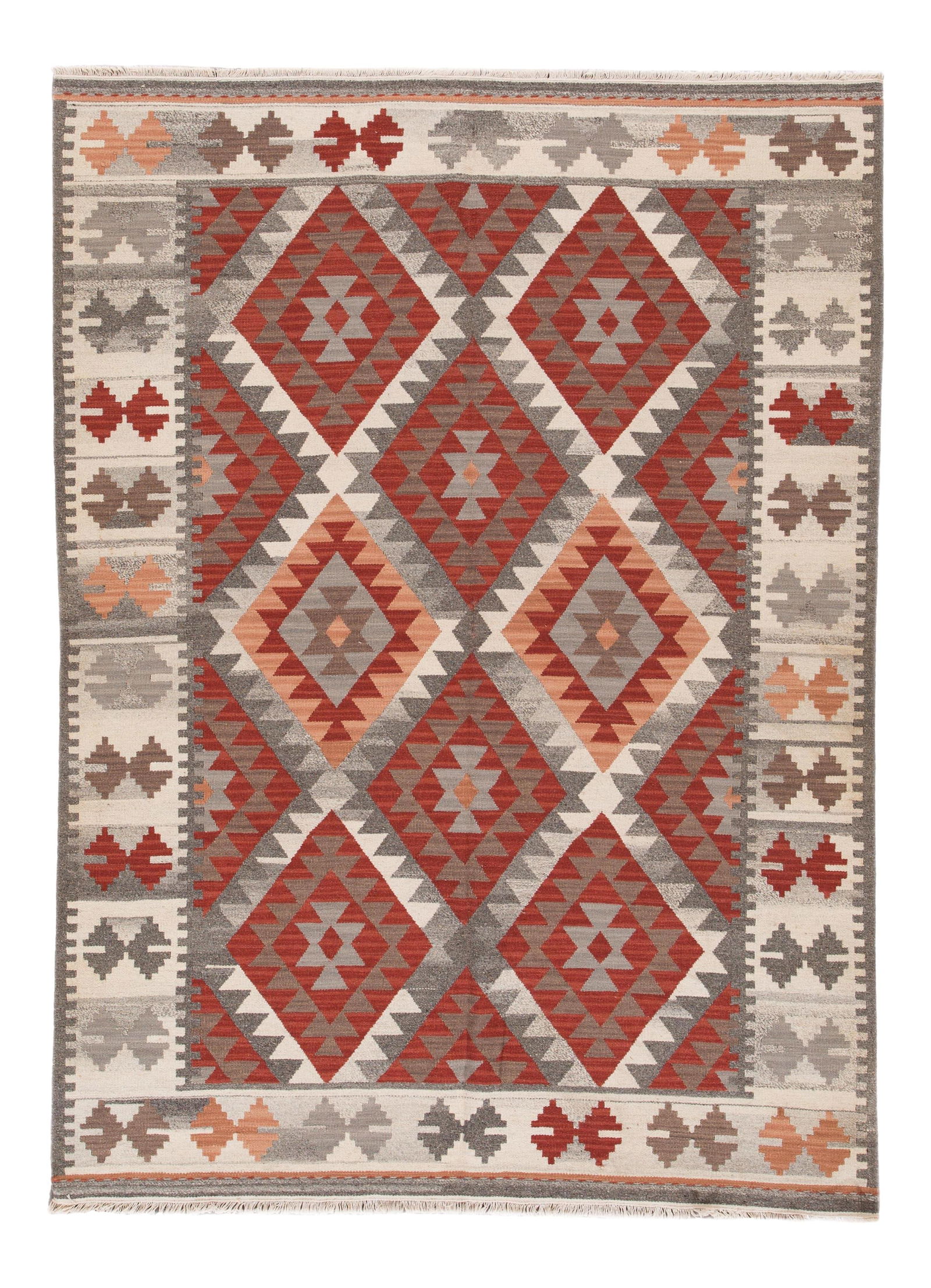 Handmade Modern Geometric Wool Kilim Rug in Red Gray Peach: Handmade Modern Geometric Wool Kilim Rug in Red Gray Peach Enhance your space with this stunning Modern Kilim Handmade Wool Rug. Featuring a vibrant red, gray, and peach color palette, this hand-knott