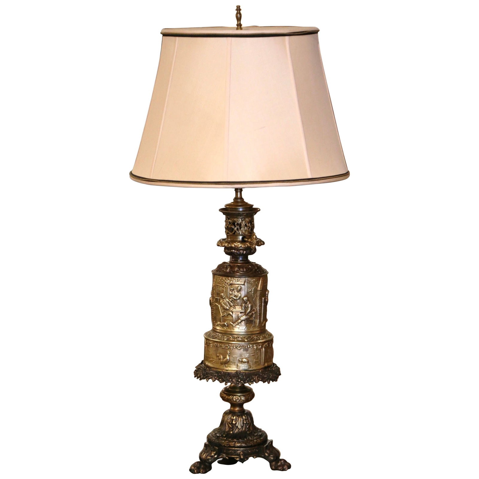 19th Century French Napoleon III Patinated Brass Table Lamp with Shade: 19th Century French Napoleon III Patinated Brass Table Lamp with Shade Enhance your space with this exquisite 19th-century French Napoleon III table lamp, originally designed as an oil lamp. Crafted c