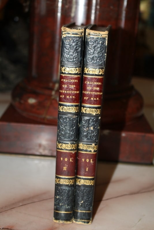 1835 Leather Bound 2 Volume Set Chalmers Constitution of Man: 1835 Leather Bound 2 Volume Set Chalmers Constitution of Man Discover a remarkable collection of two leather-bound volumes titled "Chalmers on the Constitution of Man" authored by R.E.V. Thomas Chalme
