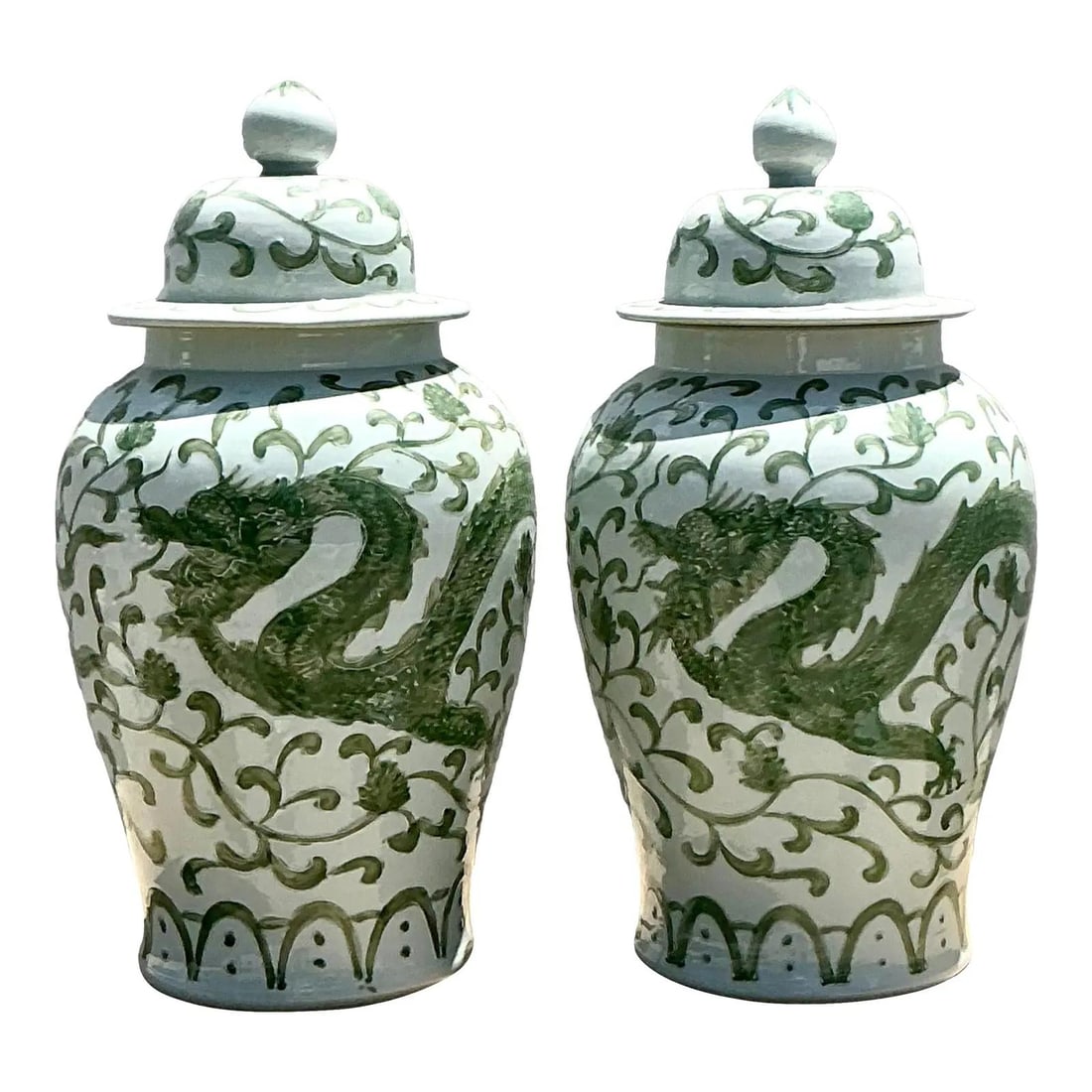 Pair of Vintage Asian Glazed Ceramic Lidded Urns 25.25" H: Pair of Vintage Asian Glazed Ceramic Lidded Urns 25.25" H Enhance your home decor with this exquisite pair of vintage Asian glazed ceramic lidded urns. Each urn is a testament to timeless artistry and