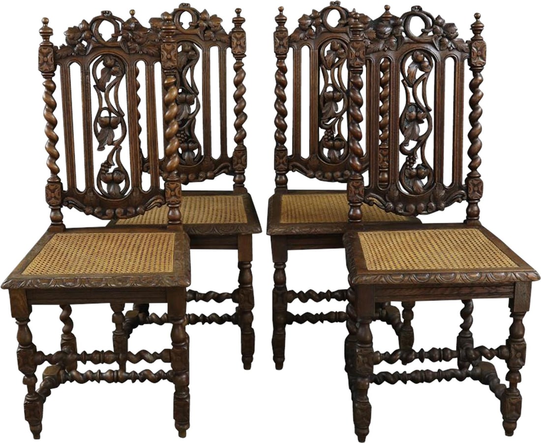 Set of Six Vintage French Renaissance Oak Dining Chairs with Cane Seats: Set of Six Vintage French Renaissance Oak Dining Chairs with Cane Seats This set of six vintage dining chairs features a classic French Renaissance style with sturdy oak frames and beautifully crafted