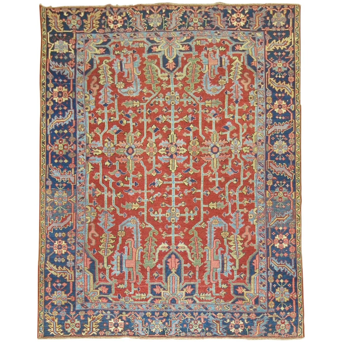 Zabihi Collection Antique Persian Heriz Square Rug 89 x 110 Hand-Knotted Wool: Zabihi Collection Antique Persian Heriz Square Rug 89 x 110 Hand-Knotted Wool Discover the beauty of this colorful antique Persian Heriz square rug, featuring a spectacular all-over design that captur