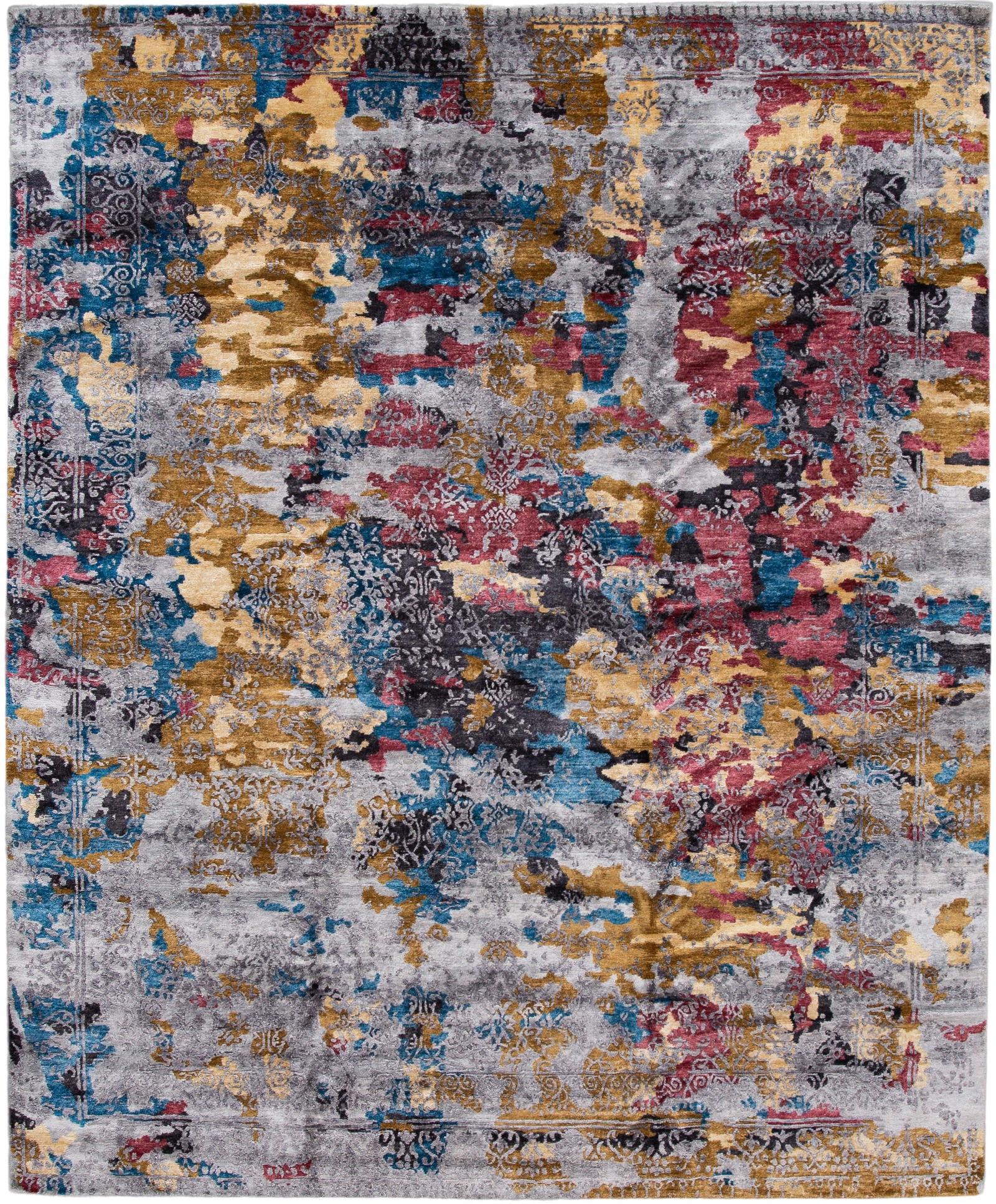 Contemporary Abstract Grey Silk Area Rug 10'0 x 14'4 Hand Knotted: Contemporary Abstract Grey Silk Area Rug 10'0 x 14'4 Hand Knotted Elevate your living space with this stunning contemporary Indian silk area rug. Featuring an all-over abstract design in shades of gre
