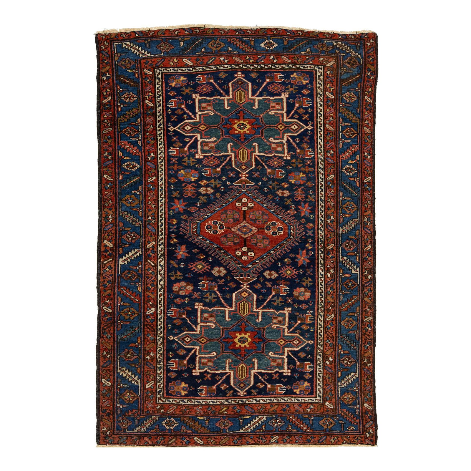 Handmade Antique Persian Heriz Wool Rug in Navy Blue Tribal Design: Handmade Antique Persian Heriz Wool Rug in Navy Blue Tribal Design Enhance your living space with this exquisite antique Persian Heriz wool rug. Handcrafted with care, it features a vibrant multicolor