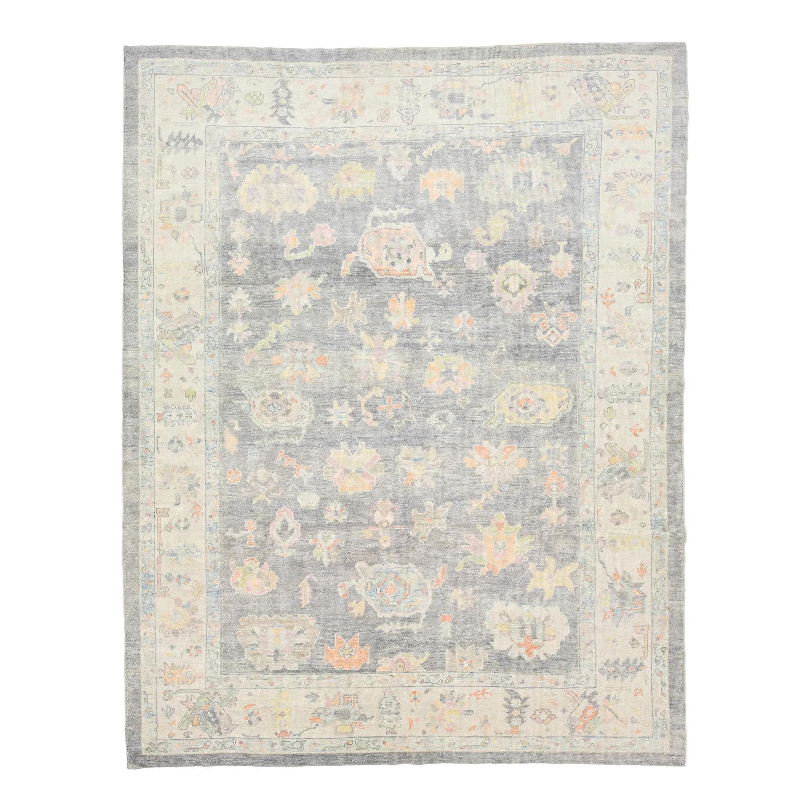 Contemporary Turkish Oushak Floral Wool Rug 10'2 x 13' Gray: Contemporary Turkish Oushak Floral Wool Rug 10'2 x 13' Gray Enhance your living space with this stunning contemporary Turkish Oushak rug, featuring a striking gray backdrop adorned with a vibrant mult