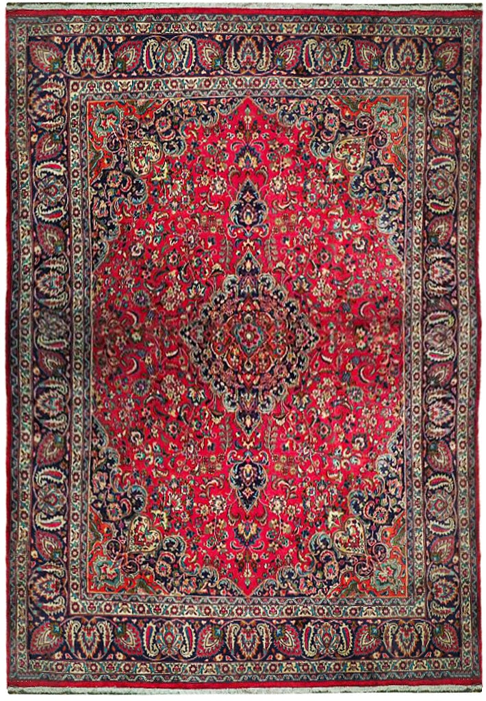 9.7 x 12.2 Red Semi-Antique Persian Mashad Rug Handmade Sarouk Design: 9.7 x 12.2 Red Semi-Antique Persian Mashad Rug Handmade Sarouk Design Free continental US Shipping Discover the exquisite beauty of this 9.7 x 12.2 Red Semi-Antique Persian Mashad Rug, handcrafted by