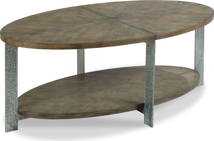 Woodbridge Oval Flake Oak Cocktail Table with Hammered Steel: Woodbridge Oval Flake Oak Cocktail Table with Hammered Steel Enhance your living space with this elegant Oval Traditional Flake Oak Cocktail Table, featuring a striking hammered steel base. Designed f