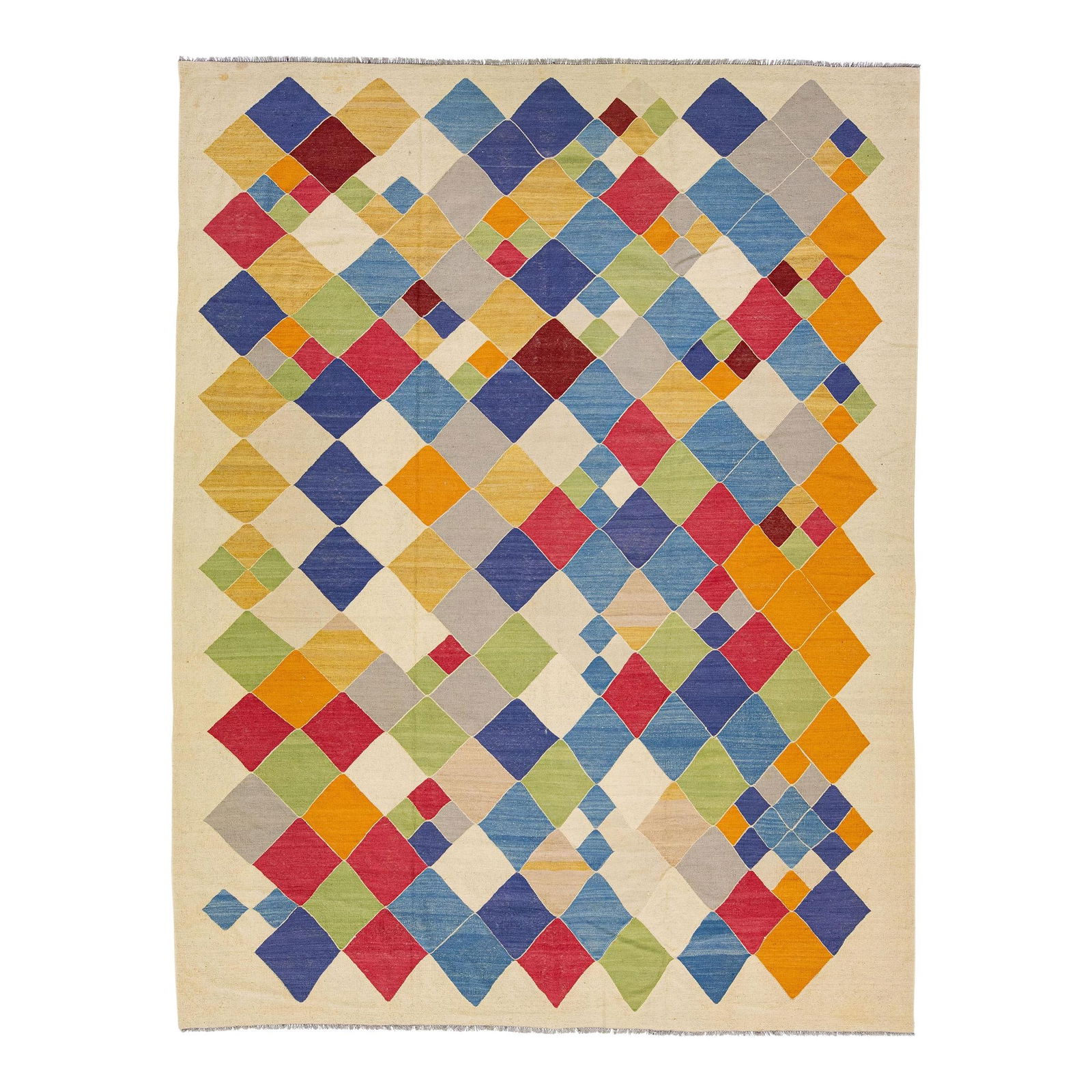 Modern Kilim Wool Rug 10'5 x 13'6 Multicolor Abstract Design: Modern Kilim Wool Rug 10'5 x 13'6 Multicolor Abstract Design This stunning modern Kilim flat-weave wool rug features a beautiful beige color field adorned with vibrant multicolor accents in an abstrac