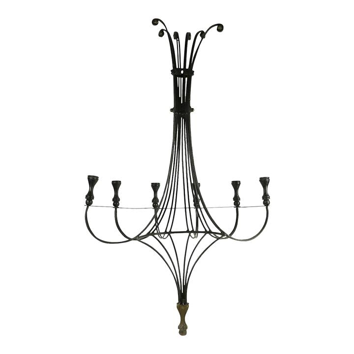 Large Mid Century 6-Light Iron Brass Wood Candle Sconce: Large Mid Century 6-Light Iron Brass Wood Candle Sconce This stunning large 6-light candle sconce combines the elegance of wrought iron, brass, and wood, creating a captivating focal point for any spa