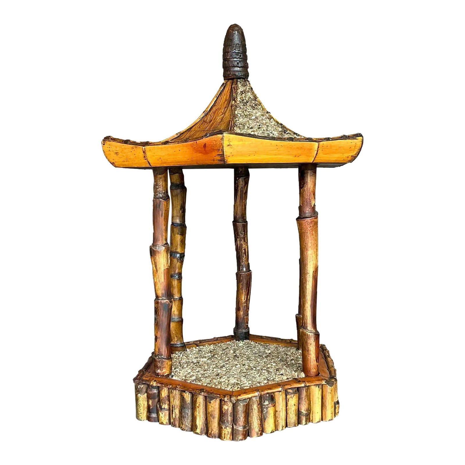 Vintage Coastal Rattan Pagoda Pedestal with Stone Top: Vintage Coastal Rattan Pagoda Pedestal with Stone Top This vintage coastal rattan pagoda pedestal is a beautifully handcrafted piece, featuring a charming pagoda-inspired silhouette with intricate bam