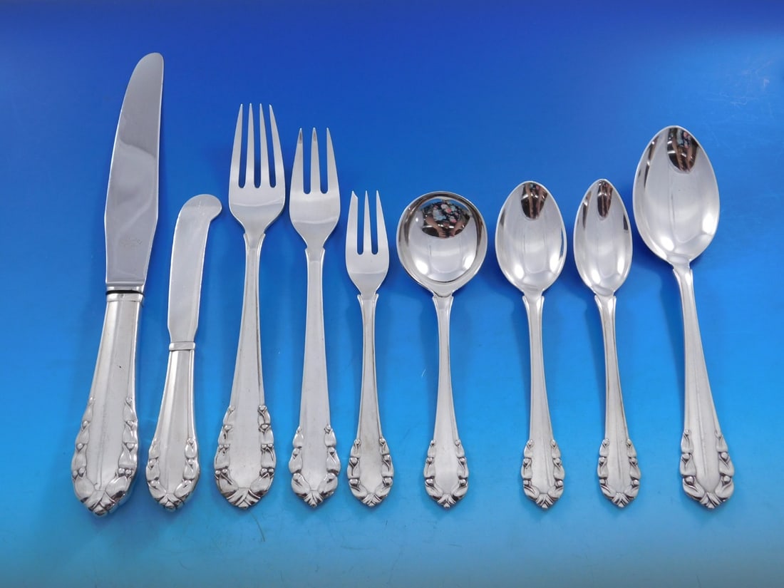 Georg Jensen Lily of the Valley Sterling Silver Flatware Set 82 pcs Art Nouveau: Georg Jensen Lily of the Valley Sterling Silver Flatware Set 82 pcs Art Nouveau This exquisite Lily of the Valley flatware set by Georg Jensen showcases the artistry of one of the world's most renowne