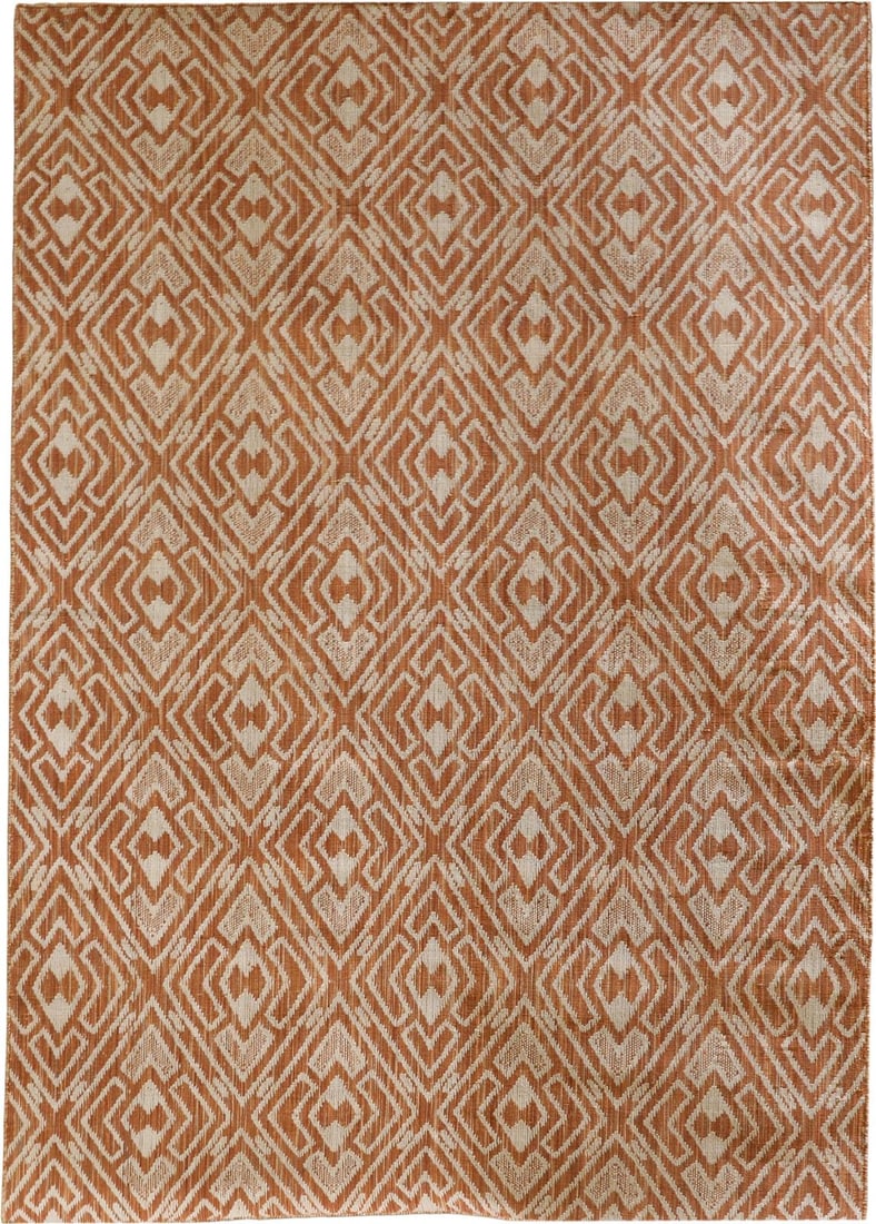 Leana Outdoor Rug Handwoven Terracotta Geometric Design 108 x 144: Leana Outdoor Rug Handwoven Terracotta Geometric Design 108 x 144 Introducing the Vibrant Leana Rug, a stunning outdoor piece that combines elegance with functionality. Handwoven from durable pet yarn