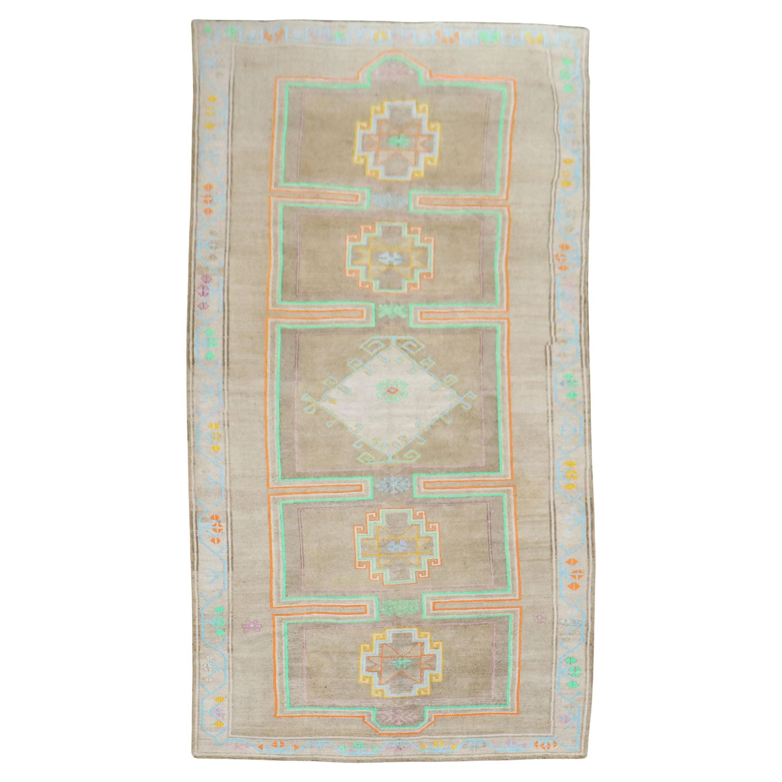 Vibrant Mid-Century Turkish Hand-Knotted Gallery Rug 77 x 165 in: Vibrant Mid-Century Turkish Hand-Knotted Gallery Rug 77 x 165 in Discover the Zabihi Collection Turkish Gallery Rug, a stunning mid-20th century piece that embodies vibrant tribal aesthetics. This han