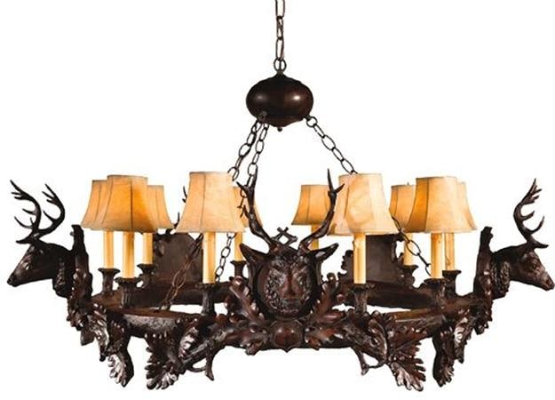 Lodge Style Stag Head Chandelier Hand-Cast Coffee Finish 10 Bulb E12: Lodge Style Stag Head Chandelier Hand-Cast Coffee Finish 10 Bulb E12 Illuminate your home with this sophisticated Stag Head Chandelier, designed in a charming lodge style. Crafted to order, this uniqu